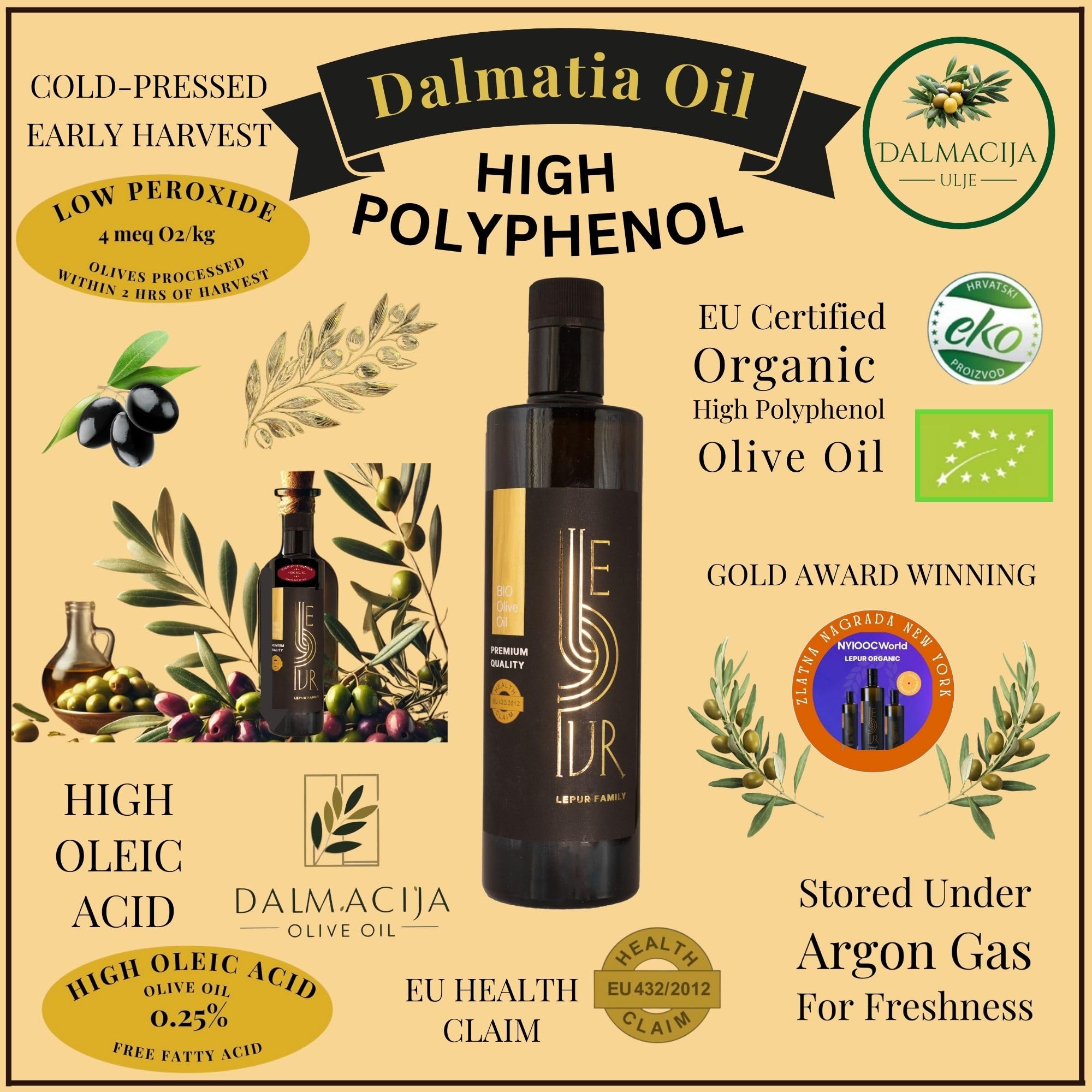 Cipressena Blend - High Polyphenol Extra Virgin Olive Oil - 500ml - 1100mg/kg - Gold Award Winning - Cold Pressed, Flos Olei recognised top oil in the world