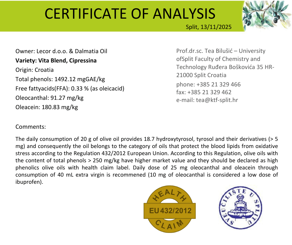 Vita Blend – Ultra High Polyphenol Olive Oil (1500 mg/kg) - 500ml - Dalmatia Oil Shop